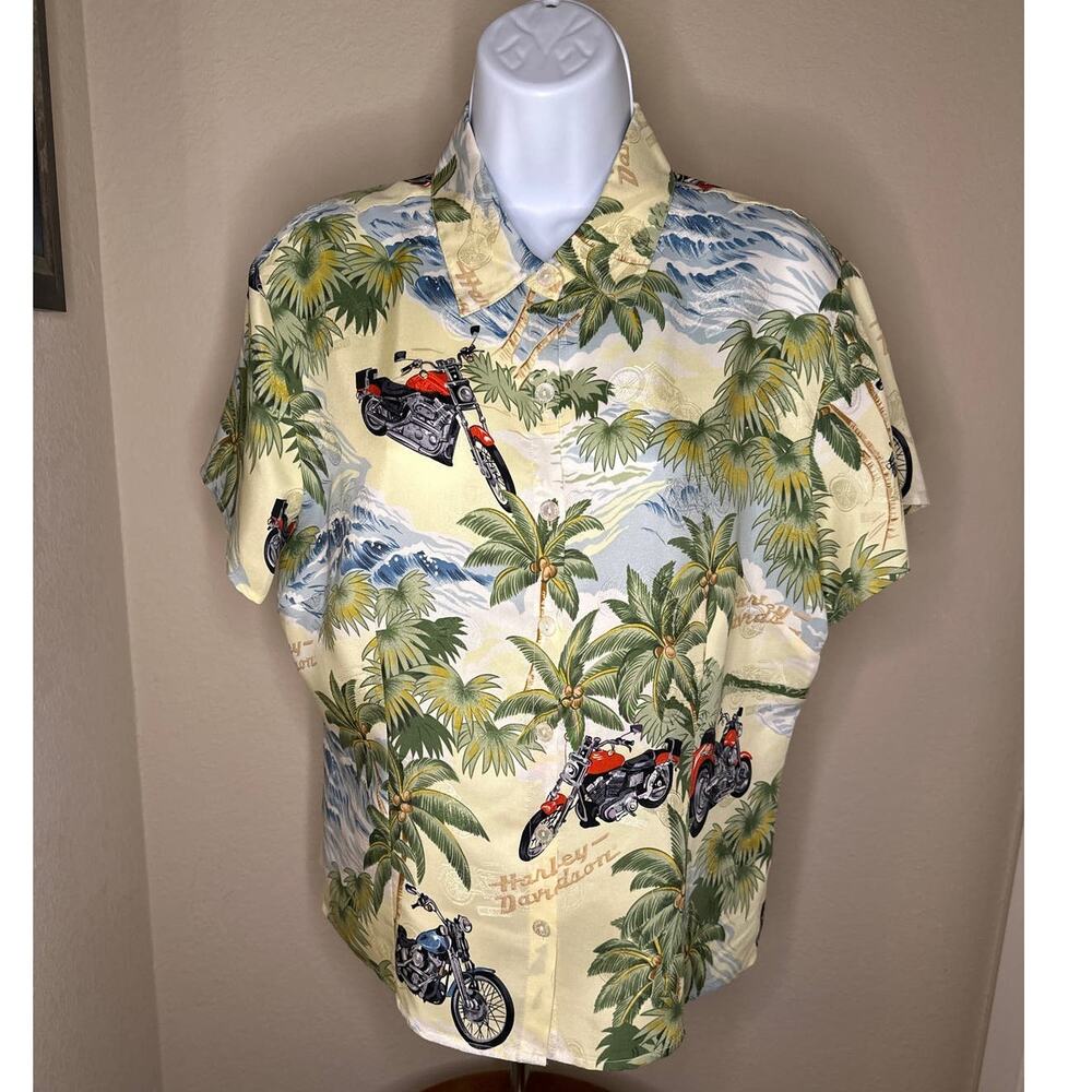 Harley Davidson Hawaiian Top Yellow Silk Women’s Size Large